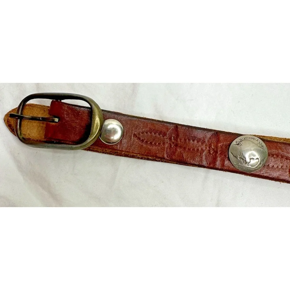 Buffalo Head Nickel Youth Belt 28 Handcrafted Brown Leather Tooled Western Vtg